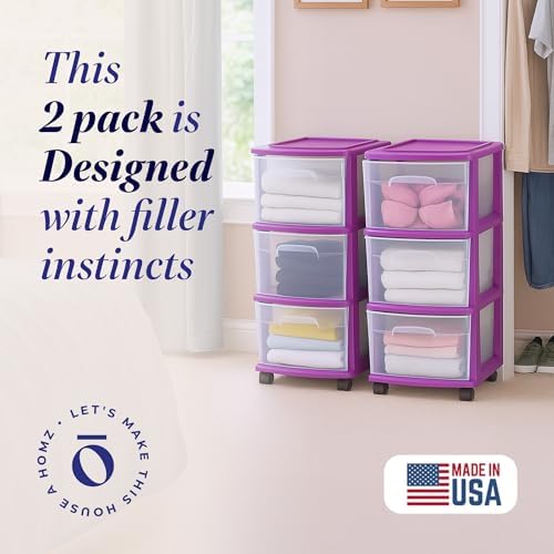 HOMZ Drawer Tower, 3-Tier Storage Cart w/ Removable Wheels, Purple, 2 Pack - Image 4