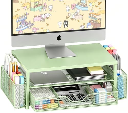 Desk Organizer and Accessories, 2-Tier Computer Monitor Stand Riser with Drawer and 2 Pen Holders, Laptop Stand, Office Desk Accessories for Office Supplies, Light Green by OPNICE