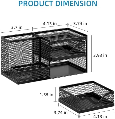 Marbrasse Mesh Pen Holder with 2 Drawers, Multi-Functional Pencil Organizer for Desk, Desk Organizers and Accessories with 3 Compartments + 2 Drawers for Office Art Supplies (Black) - Image 3