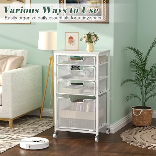 4 Drawer Rolling File Cart with Wheels, Mobile Filing Cabinet for Home Office, Hanging File Organizer, Under Desk Storage, Multifunctional Utility Cart Printer Stand, White - Image 2