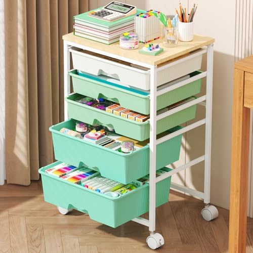 Rolling Cart with 5 Drawers for Craft, Art, Dorm, Office, Green by Goovilla
