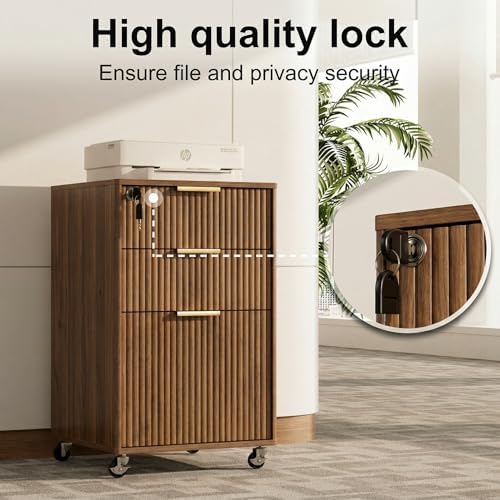 3 Drawers Fluted Mobile File Cabinet with Lock, Rolling File Cabinet Printer Stand Table, Under Desk Wooden Filing Cabinets for Home Office Essentials Storage Organization Furniture Letters/A4(Walnut) - Image 6
