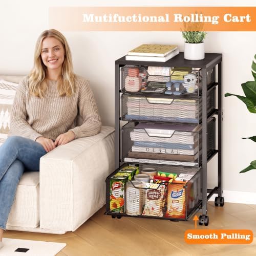 4 Drawers Rolling File Cart with Wheels, Mobile File Cabinet, Black - Image 4