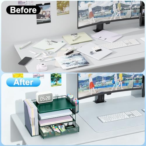 gianotter Desk Organizers and Accessories with File Holder, 4-Tier Desk Accessories & Workspace Organizers with Drawer and 2 Pen Holder, Desk Reference Organizer (Green, 4T with Metal Drawer) - Image 2