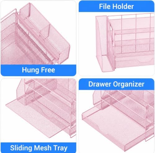 Desk Organizers and Accessories, 4-Tier Desktop File Organizer with Drawer and Pen Holders, Office Desk Accessories Workspace Organizers for Office Supplies (Soft Pink) - Image 2