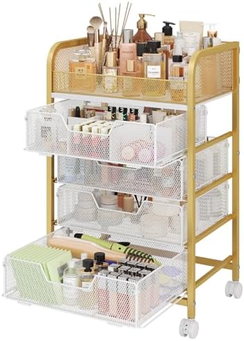 Makeup Cart Organizer with 4 Drawers, Large Floor Skincare Organizers, Vanity Storage Organizer Cosmetics Display Cases for Skin Care Perfume Nail Polish, Gold by Hongtamoya