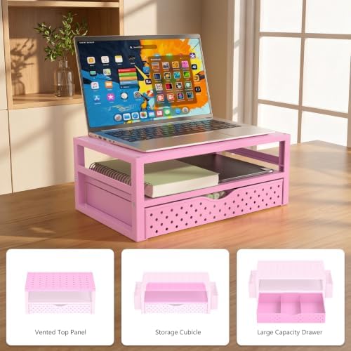 WALI Desk Organizer with Drawer，Computer Monitor Stand with Storage, Desk Organizers and Accessories for Computer, Printer, Laptop Riser for Home Office Supplies, (PTT005-P), 1 Pack, Pink - Image 7