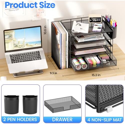 Desk Organizer, 5-Tier Desktop File Organizer with Drawer and Pen Holders, Office Desk Accessories, File Sorters, Workspace Organizers for Office Supplies(Black) - Image 2