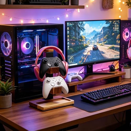 Acacia Wood Gaming Headset Stand & Dual Controller Holder, Solid Wood Desk Organizer Compatible with PS5, Xbox, Switch, Over-Ear Headphones, Gamer Gift for Men - Image 2