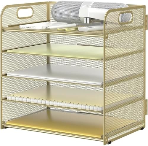 Letter Tray Paper Organizer 5-Tier Desk Organizer File Organizer Paper Holder with Handle, Metal Desktop Document Shelf Tray Office Classroom Organization - Gold by Sinboun