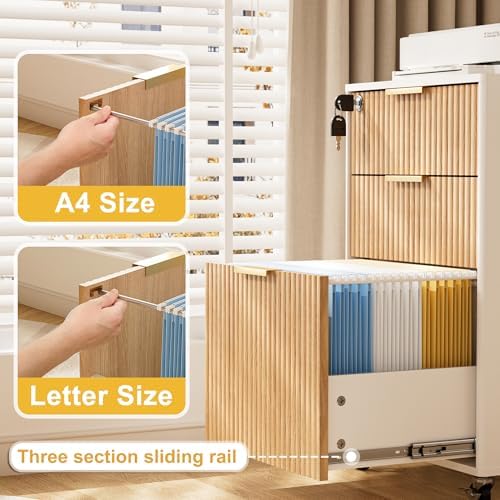 3 Drawers Fluted Mobile File Cabinet with Lock, Rolling File Cabinet Printer Stand Table, Under Desk Wooden Filing Cabinets for Home Office Essentials Storage Organization Furniture Letters/A4(Oak) - Image 3