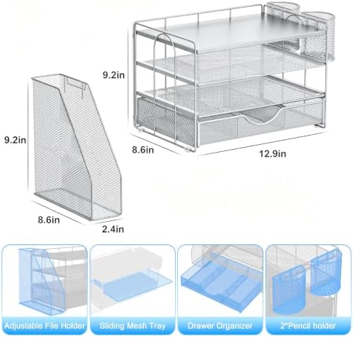 gianotter Desk Organizers and Accessories with File Holder, 4-Tier Desk Accessories & Workspace Organizers with Drawer and 2 Pen Holder, Desk Reference Organizer (Grey, 4T with Metal Drawer) - Image 5