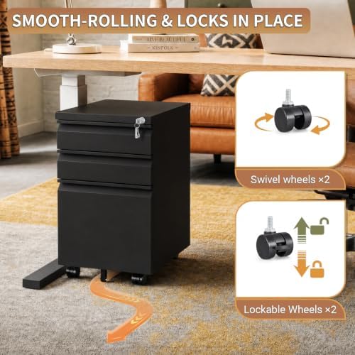 3 Drawer File Cabinet with Lock and Casters, Black - Image 4