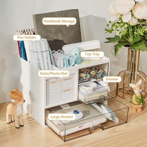 Desk Organizer with 3 Drawer, Multi-Functional Pencil Pen Holder for Desk, Desk Organizers and Storage with 8 Compartments, Desktop Organizer for Office Home Art Supplies (White) - Image 2