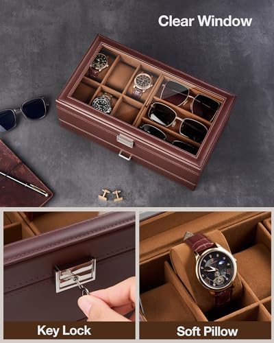 ProCase Mens Jewelry Box, 6 Slot Watch Box & 3 Slot Sunglass Holder -Brown - Image 5