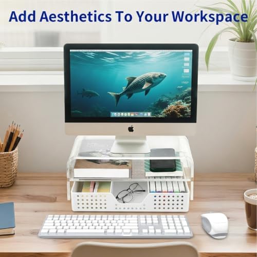 Desk Organizer and Accessories, 2-Tier Computer Monitor Stand Riser with Drawer and 2 Pen Holders, Laptop Stand, Office Desk Accessories for Office Supplies, Transparent - Image 6