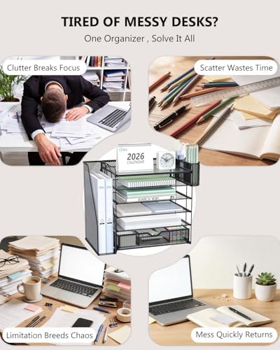 WALI Desk File Organizer, 6 Tier Desktop Paper Letter Tray Organizer with Drawer and 2 Pen Holders, Office Desk Accessories & Workspace Organizers for Office, Home Supplies(DO007DH-B), 1 Pack, Black - Image 3