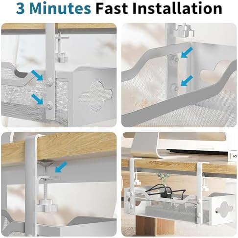 Under Desk Cable Management Tray No Drill, 13.38'' Metal Tray with Clamp for Wire Management, Litwaro Cord Organizer Home Office Damage to Standing Desk, White - Image 6