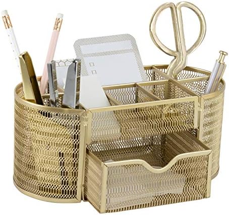 BLU MONACO | Gold Desk Organizer Set with Drawer | Metal Mesh Desk Accessories for Women | Stylish Desktop Organizer for Office Storage, Supplies & Small Stationery by Blu_Monaco