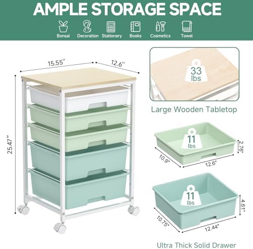 Rolling Cart with Drawers,5 Drawers Storage Cart,Light Green - Image 3