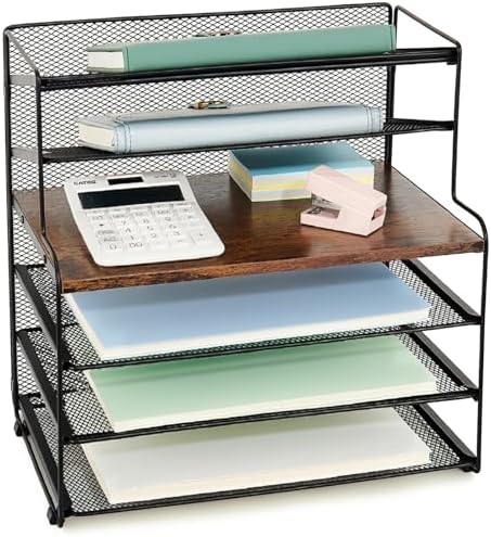 Desk Organizer, 6-Tier Paper Organizer Letter Tray, Brown Wood by OPNICE