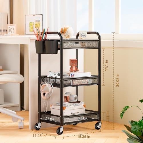 YASONIC 3 Tier Metal Rolling Cart, Black Utility Storage Cart with Wheels - Image 6