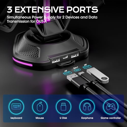 Saitake RGB Controller Stand, Gaming Controller Holder with 9 Light Modes, 2 USB Charging Ports, Headset Stand, Desk Organizer for Xbox PS5 PS4 Switch PC, 4 Controllers & 1 Headphone (Black) - Image 3