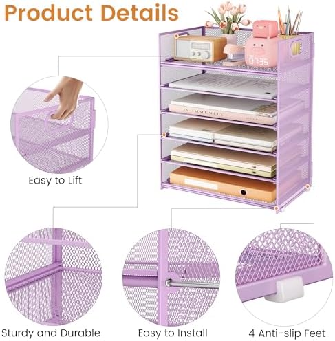 6 Tier Paper File Tray Organizer for Desk, Purple Mesh Desk Letter Paper File Folder Accessories Sorter Organizer with Handle, Stackable Slide Tray for Office, Home or School Supplies Storage - Image 5