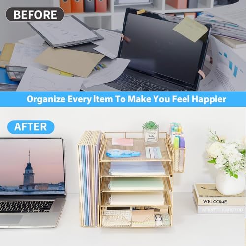 5-Tier Desk File Organizer with Drawer & Pen Holder (Gold) - Image 4