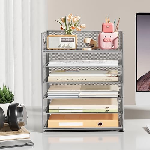 6-Tier Desk Paper Organizer, Desktop File Letter Tray with Handle, Document Sorter and Accessories Holder for Office, Home and School Workspace Organizers, Silver - 2 Pack - Image 4