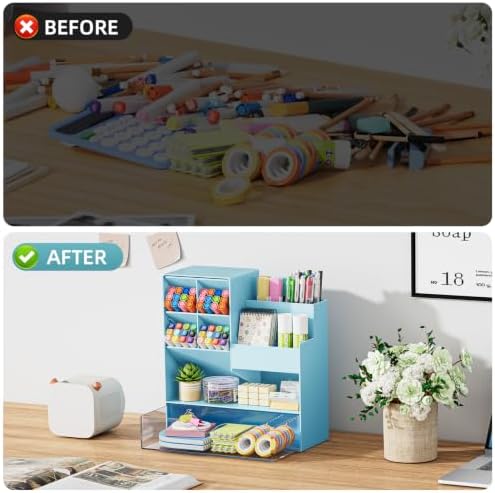 Marbrasse Plastic Pen Holder for Desk, Multi-Functional Desk Organizer Pencil Holder with Drawer, Desk Organizers and Accessories for Office Art Supplies(Blue) - Image 5