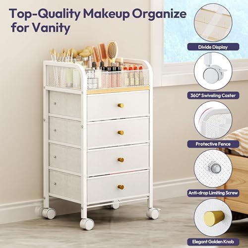 Rolling Makeup Organizer Cart - 14.96″*11.81″*27.55″ Widened Under Desk Vanity Storage with 4 Non-woven Drawers, Cosmetic Display Cases for Skin Care Perfume Nail Polish Brush Hair Tool White - Image 5
