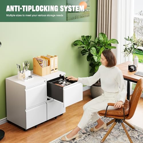 2 Drawer Mobile File Cabinet with Lock,Under Desk Metal Filing Cabinets for Home Office Organizer Letters/Legal/A4(Fully Assembled-White) - Image 4