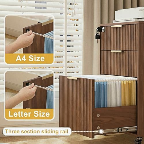 3 Drawers Fluted Mobile File Cabinet with Lock, Rolling File Cabinet Printer Stand Table, Under Desk Wooden Filing Cabinets for Home Office Essentials Storage Organization Furniture Letters/A4(Walnut) - Image 3