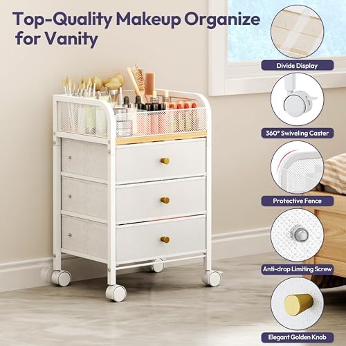 Rolling Makeup Organizer Cart - 14.96″*11.81″*23.03″ Widened Under Desk Vanity Storage with 3 Non-woven Drawers, Cosmetic Display Cases for Skin Care Perfume Nail Polish Brush Hair Tool White - Image 5