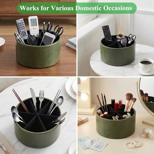 Remote Control Holder, 360°Spinning PU Leather Desk TV Remote Caddy,Desk Storage Box Room Accessories for Controller, Media,Mail,Calculator, Mobile Phone,Pencil(1-Oil Green) - Image 7