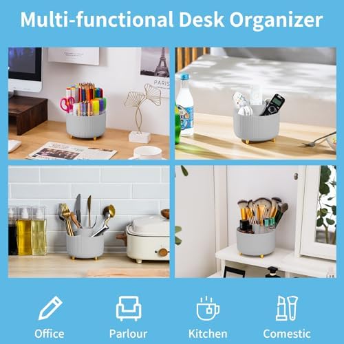 Marbrasse Desk Organizer, 360-Degree Rotating Pen Holder, Desk Organizers and Accessories with 5 Compartments Pencil Holder, Art Supply Storage Box Caddy for Office, Home (Grey) - Image 2