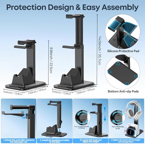 Gaming Headset & Controller Stand, Rotating Headphone Storage with 2 Controllers and Phone Holder, Standard Game Desk Storage for PS5/PS4/XBOX, PC Gamer Essentials Organizer Gift Accessories - Image 5