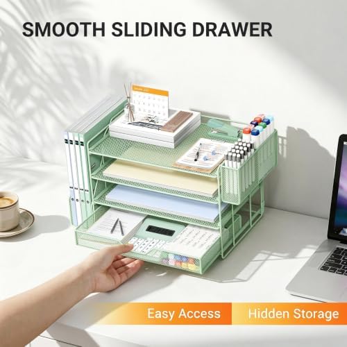 4-Tier Desk File Organizer with Drawer & Pen Holder (Green) - Image 3