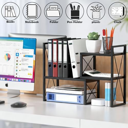 Expandable Desktop Shelf Organizer, 2 Tier Wood Desk Shelf for Office, Metal Corner Bookshelf, Countertop Storage Rack (Black) - Image 2
