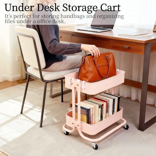 2 Tier Rolling Cart with Wheels for Under Desk Storage, Pink Small Rolling Pantry Storage Cart for Small Space, Metal Short Utility Shelf for Vanity Kitchen Bathrrom Laundry Organization - Image 2