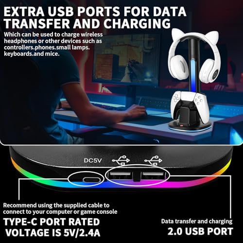 PS5 Controller Charging Dock with RGB Headphone Stand | 2-in-1 Dual USB Fast Charging Station for PS5 Controllers | RGB LED Gaming Headset Stand & Multi-Functional Gaming Accessories - Image 6
