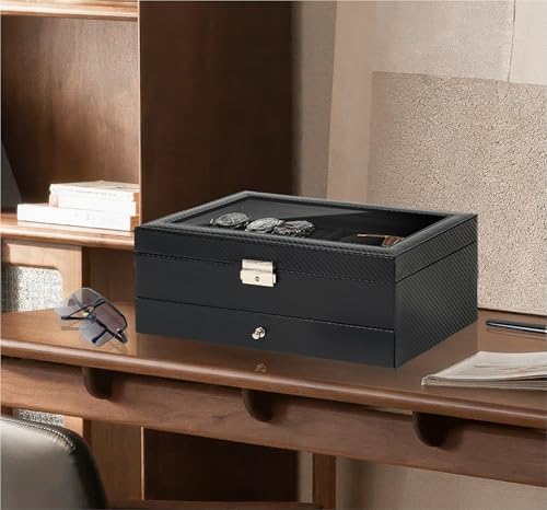 Mens Jewelry Box Organizer, 6 Watch Slots & 3 Sunglasses -All Black - Image 6