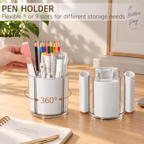 360° Rotating Pen Holder for Desk Adjustable Pencil Organizer, Gray-White - Image 2