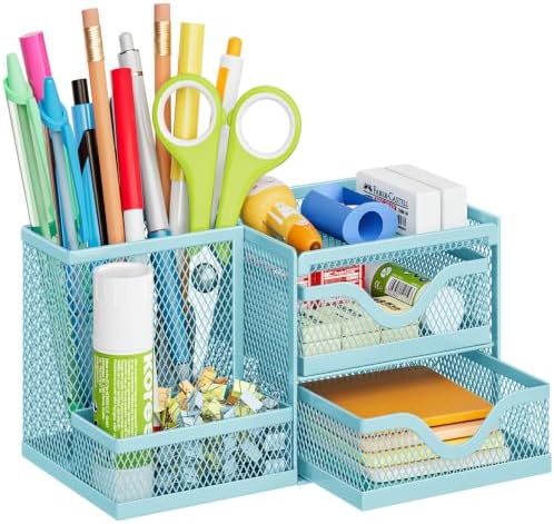 Marbrasse Mesh Pen Holder with 2 Drawers, Multi-Functional Pencil Organizer for Desk, Desk Organizers and Accessories with 3 Compartments + 2 Drawers for Office Art Supplies (Blue) by Marbrasse