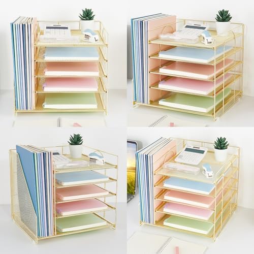 Desk Organizers and Accessories, 5-Tier Paper Letter Tray Organizer with File Holder, Desktop Organizer for Office Supplies (Gold) - Image 5