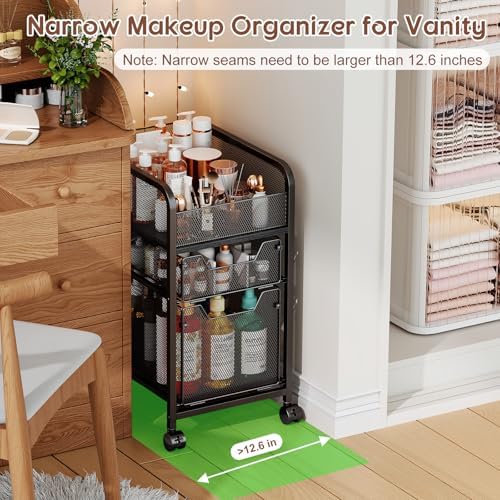 Rolling Makeup Cart Organizer with 2 Drawers, Narrow Floor Skincare Organizers, Vanity Organizer Cosmetics Display Cases Holder for Skin Care Nail Polish Perfume Makeup Brush, Black - Image 2