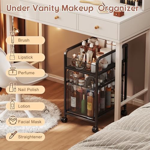 Rolling Makeup Cart Organizer with 2 Drawers, Narrow Floor Skincare Organizers, Vanity Organizer Cosmetics Display Cases Holder for Skin Care Nail Polish Perfume Makeup Brush, Black - Image 7
