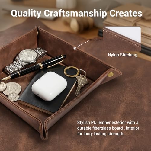 CoBak Leather Valet Tray, PU Leather Catch All Tray for Entryway,Brown - Image 3