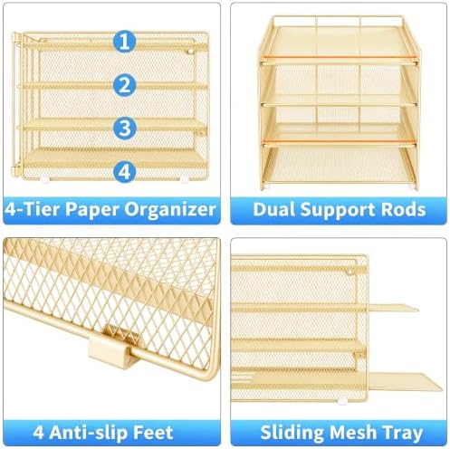 Desk Organizer, 4-Tier Paper Organizer Letter Tray, Gold - Image 3